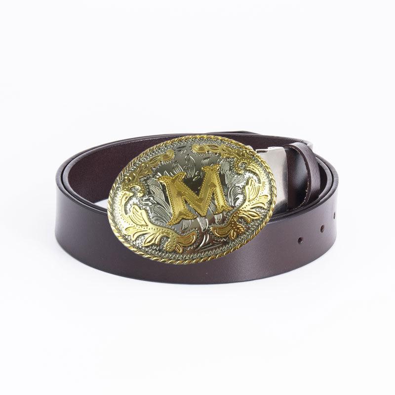 Whole Cowhide Retro Men's Belt Letter M Gold and Silver Two-color Oval Buckle Belt