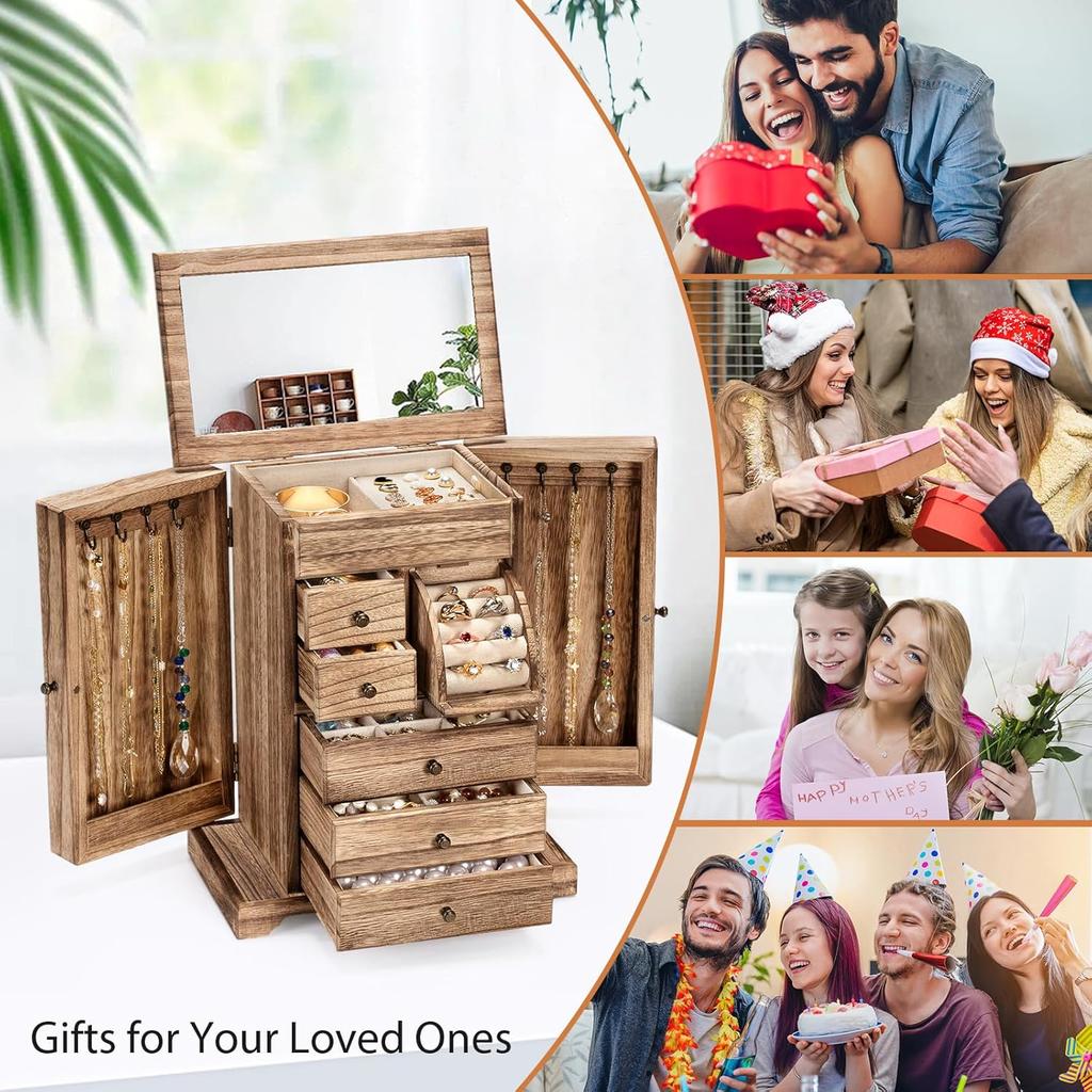 Rustic Wooden Jewelry Box for Women, 6-Layer Organizer with Mirror & Drawers, Carbonized Black