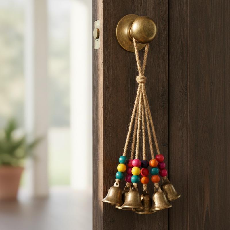 Bohemian Wind Chime 6/8 Bronze Bells Colorful Wood Beads Handmade Boho Hanging Decor Garden Patio Yard Rustic Home Decoration