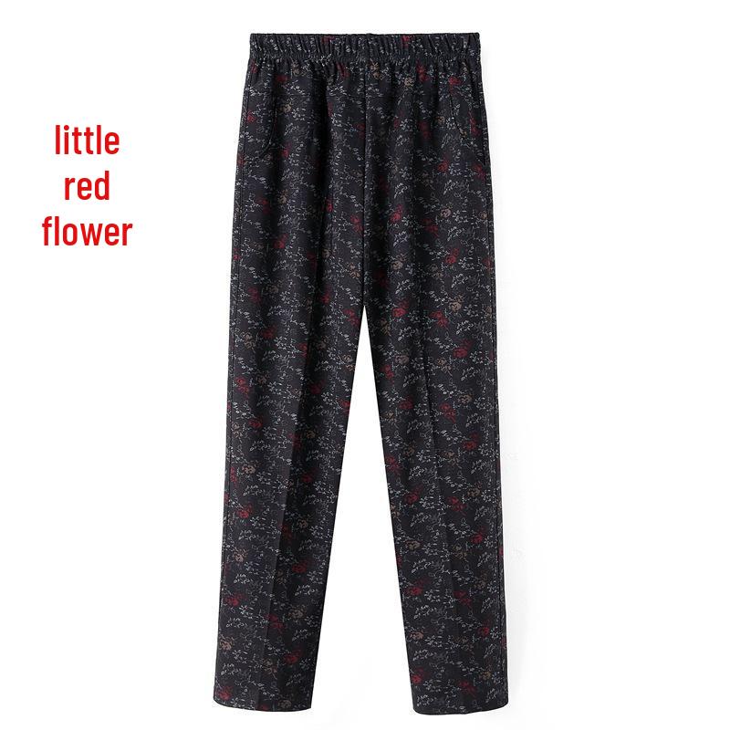 Women's Fleece-Lined Pants, Loose Straight Leg for Middle-Aged/Elderly, Patterned Plus Size, Mom's Style, Fit for All Seasons (Spring, Autumn, Winter)