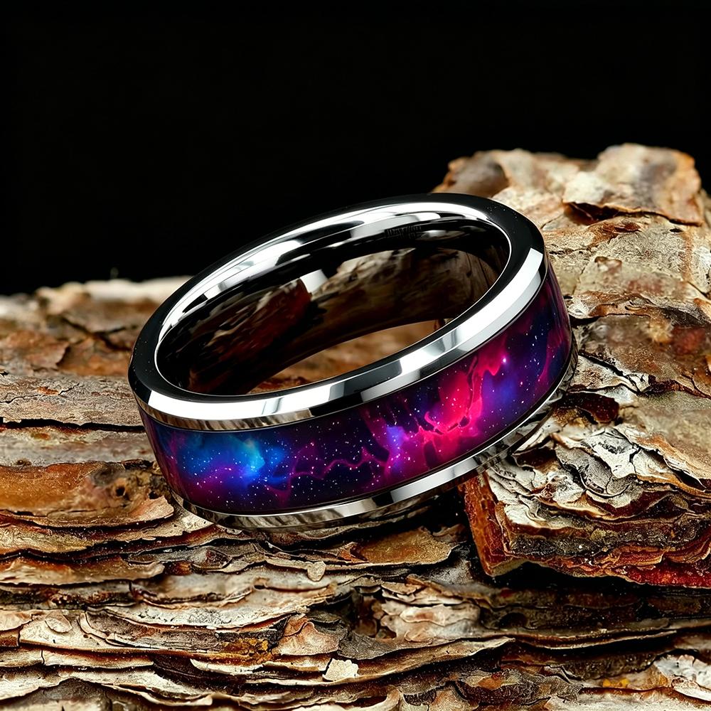 With Purple, Red, Blue Gradient Nebula Pattern Rings , 8mm Cosmic Starry Sky Stainless Steel Men Ring, Wedding Band Jewelry