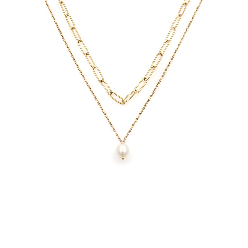 Fashion Titanium Steel Clavicle Neck Chain Trend Cold Wind Pearl Pendant Double Layer Stacked Necklace Women