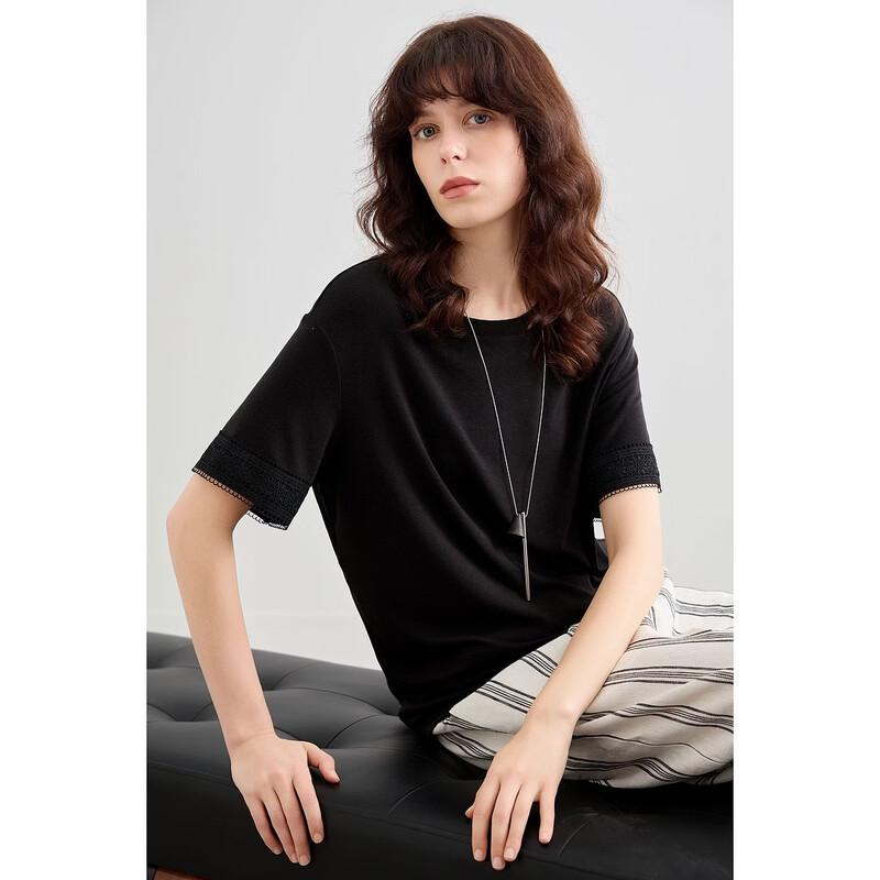 Women s Elegant Wool Blend Short-Sleeve Tee with Lace Trim S