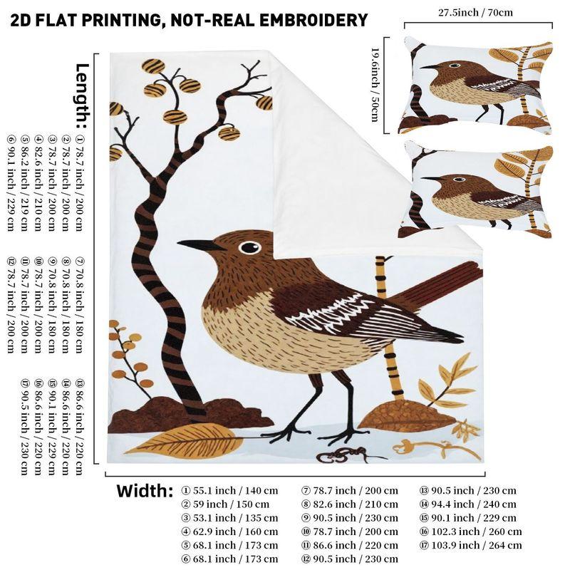 Pillowcase Quilt Cover 3-Piece Bedding Flat Style, Bird Plant Pattern, Washable, Durable 140cmx200cm