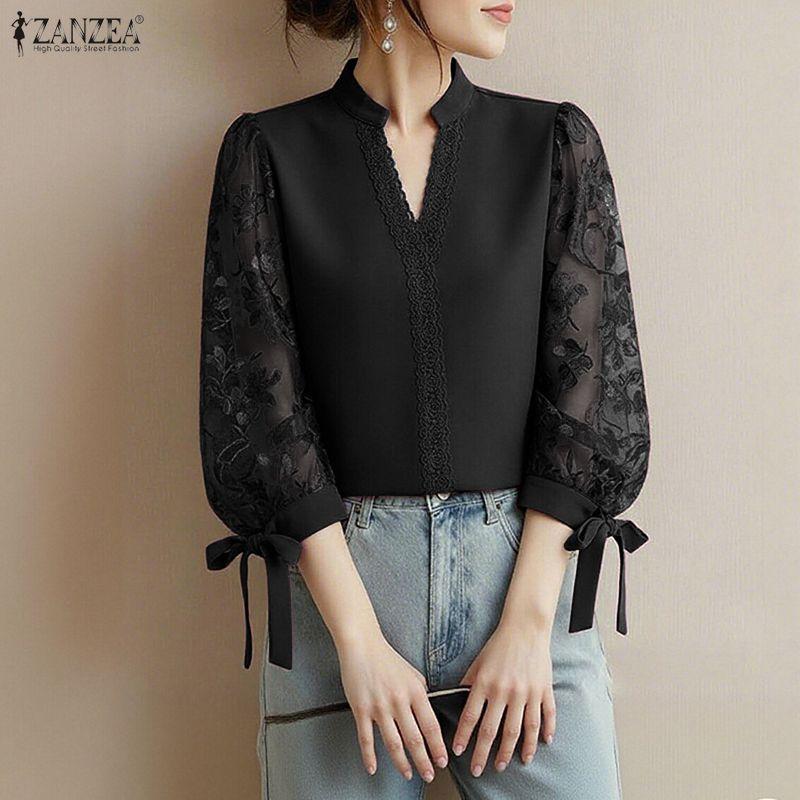 ZANZEA Damska Elegancka Koronkowa Wstawka Rękaw 3/4 Casualowa Bluzka z Dekoltem V