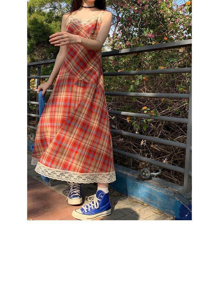 Lined French Lace Plaid One-Shoulder Camisole Dress with Cinched Waist for Women