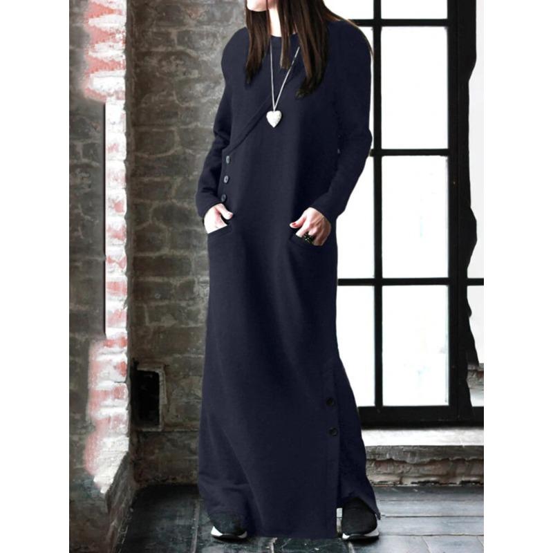 IHUASU Fashion Autumn Winter Long Sleeve O-Neck Solid Color Print Casual Dresses