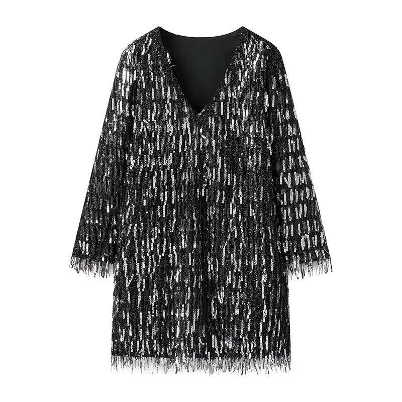 

Европейское и американское зимнее платье с V-образным вырезом, кисточками и пайетками: Уличная мода для женщин L