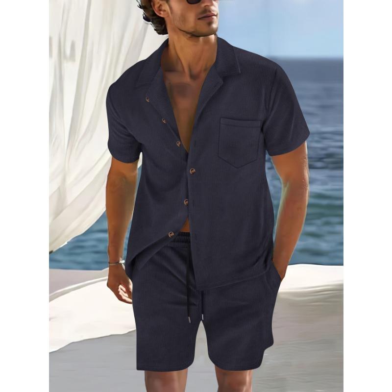 Men S Summer Thin Short Sleeve Cuban Collar Shirt And Shorts Casual Two Piece Set