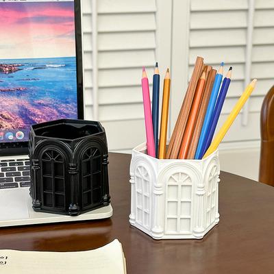 Sujetalápices de Relieve de Casa Lateral Romana Retro Papelería de Oficina Almacenamiento Multifuncional Decoración Creativa de Escritorio para Estudiantes