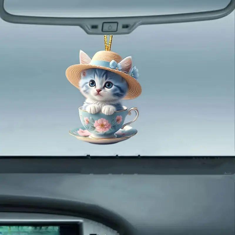 Cute Cartoon Cat Acrylic Flat Tea Cup Car Decoration Pendant For Interior Charm