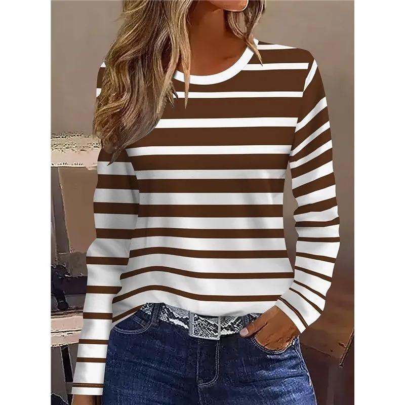Autumn Women's 3D Color Striped Print Crew Neck Long Sleeve T-Shirt