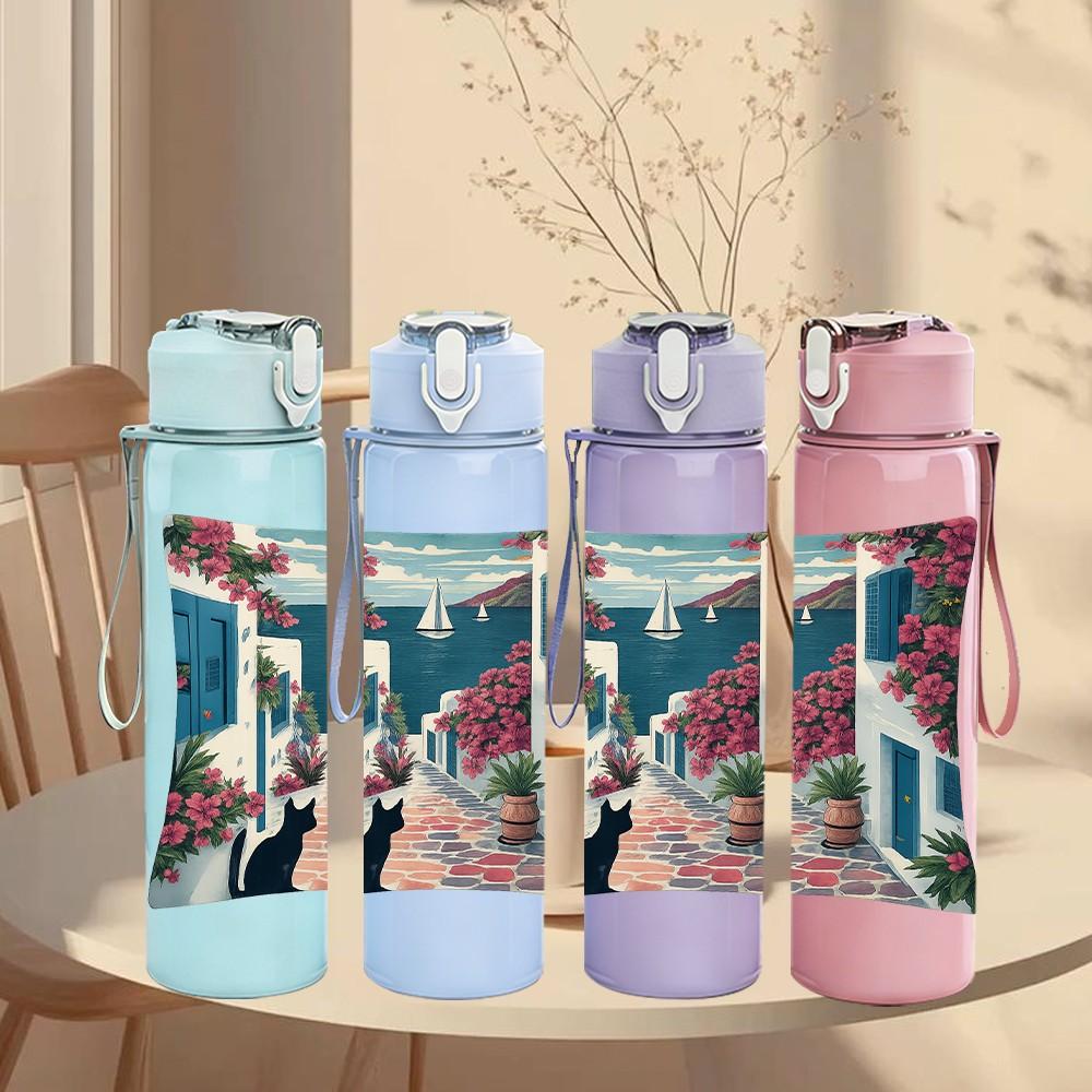 1PC Vintage Window Curtain Pattern 750ml Color Plastic Sports Water Bottle Leakproof Flip Straw Lid Suitable for Sports Office Home Use