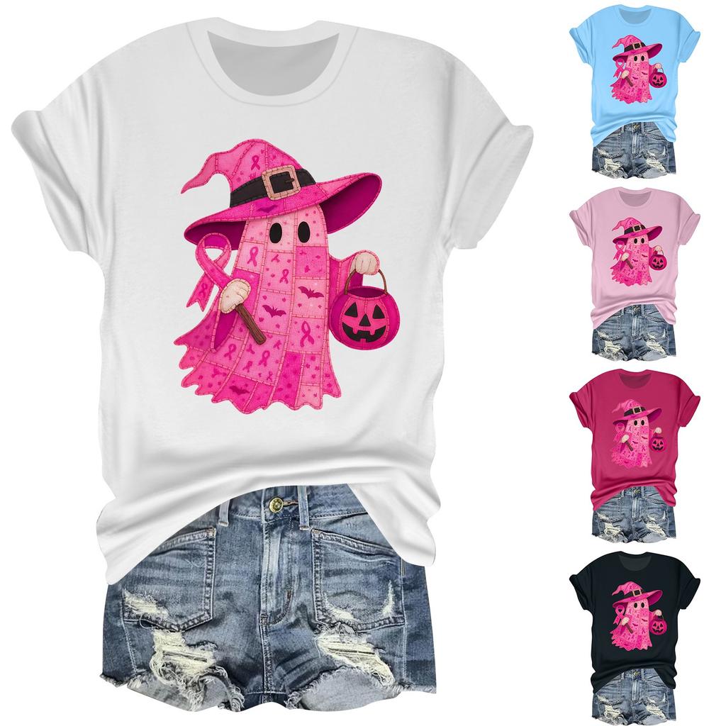 Women's Casual Halloween Breast Print T-Shirt Round Neck Pullover Short Sleeve Top