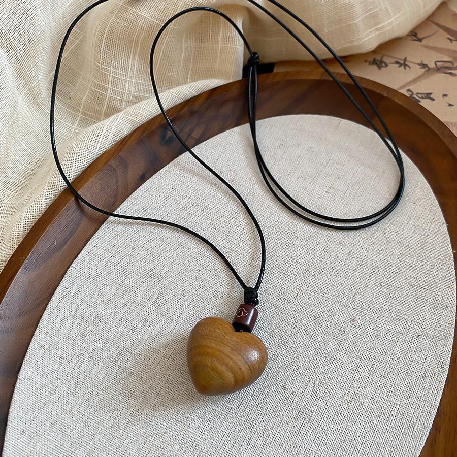 Natural Wood Gourd Auspicious Cloud Pendant Necklace Women Wax Rope Sweater Chain 80cm