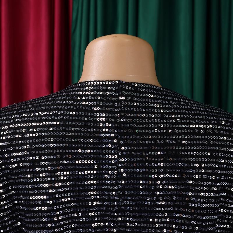 Plus Size Women Sequined V Neck Slit Long A Line Casual Dress