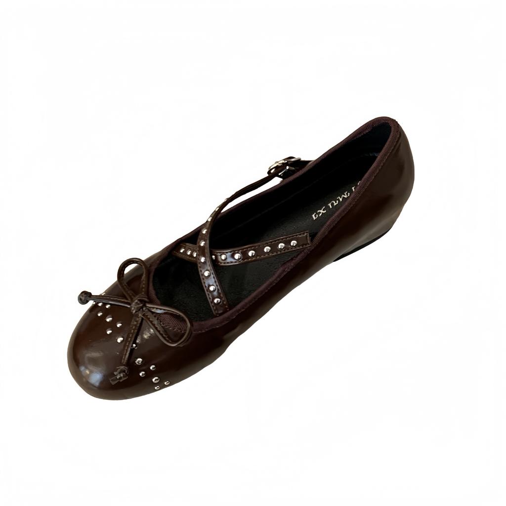 Autumn Fashion Rivet Shallow Single Shoes Women's Soft Sole Cross Strap Mary Jane Shoes 2025 New