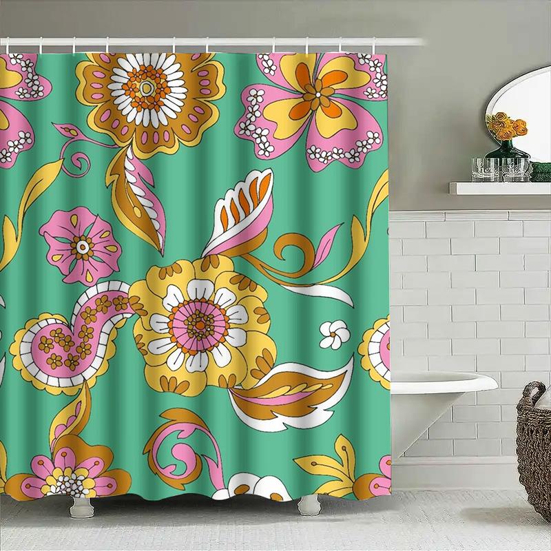 Bright Floral Print Shower Curtain Waterproof Home Decor 3D Polyester Bathroom Decor Modern Flower Design Bath Mat Liner Decorat