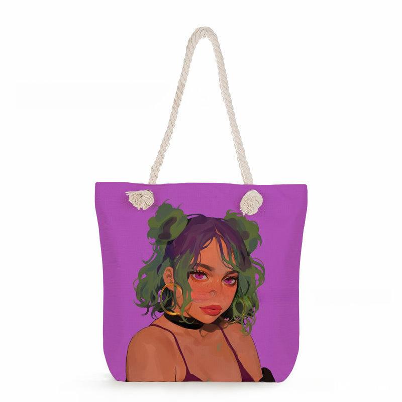 Black Girl Print Thick Rope Single-shoulder Beach Bag 7358