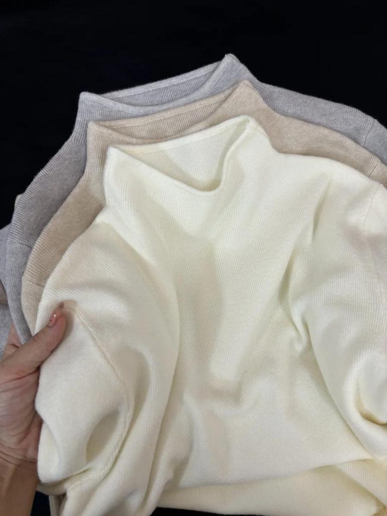 Women's Slimming Korean Style Minimalist Knitwear - Soft Stand Collar Long Sleeve Sweater for Spring/Autumn