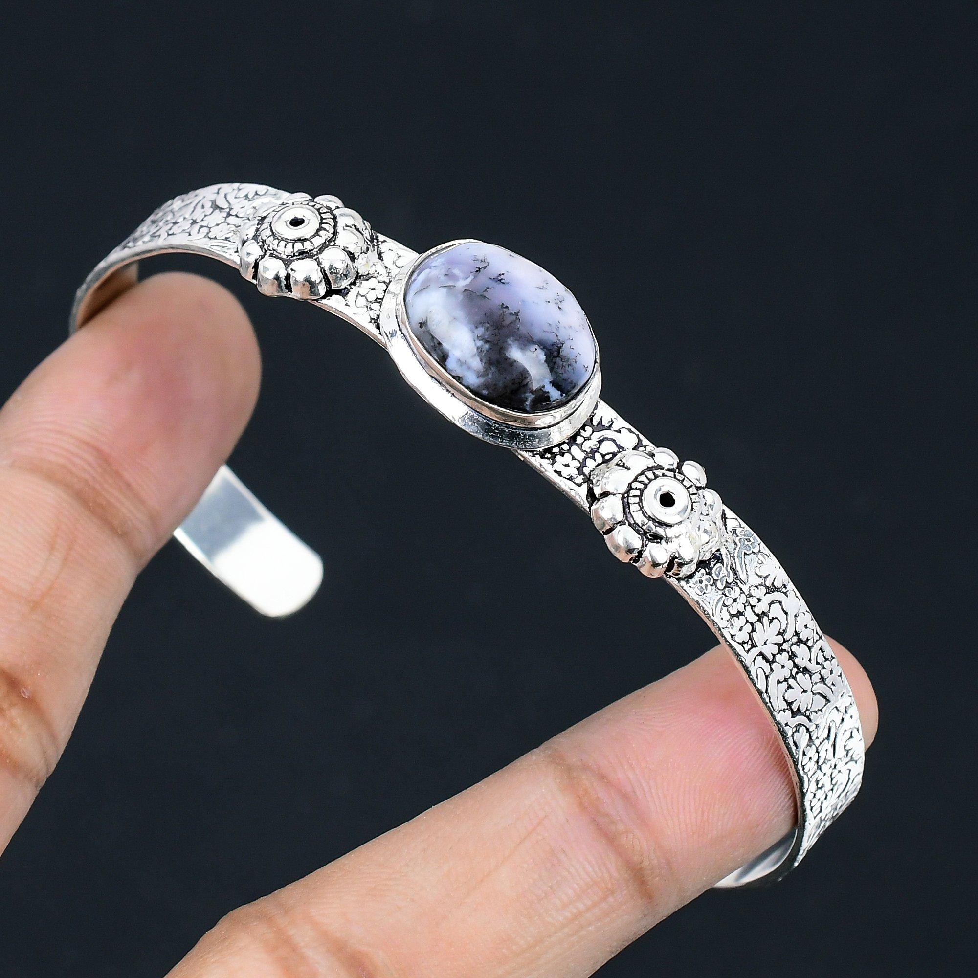 

Натуральный Дендритовый Опал Мать Помолвочный Этнический Бохо Браслет 925 Стерлинговое Серебро Adjustable