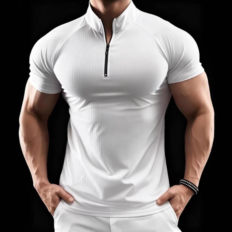 Men European Size Slim Fit Summer Half Zip Short Sleeve Ribbed Polo Shirt