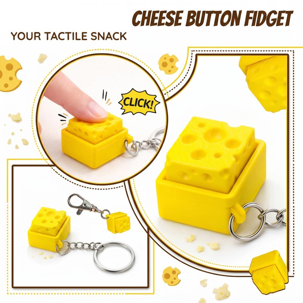 Cheese Shaped Push Button Keychain Toy Stress Relief Key Ring Fidget Sensory Small Portable Key Holder Accessory for Everyday Use