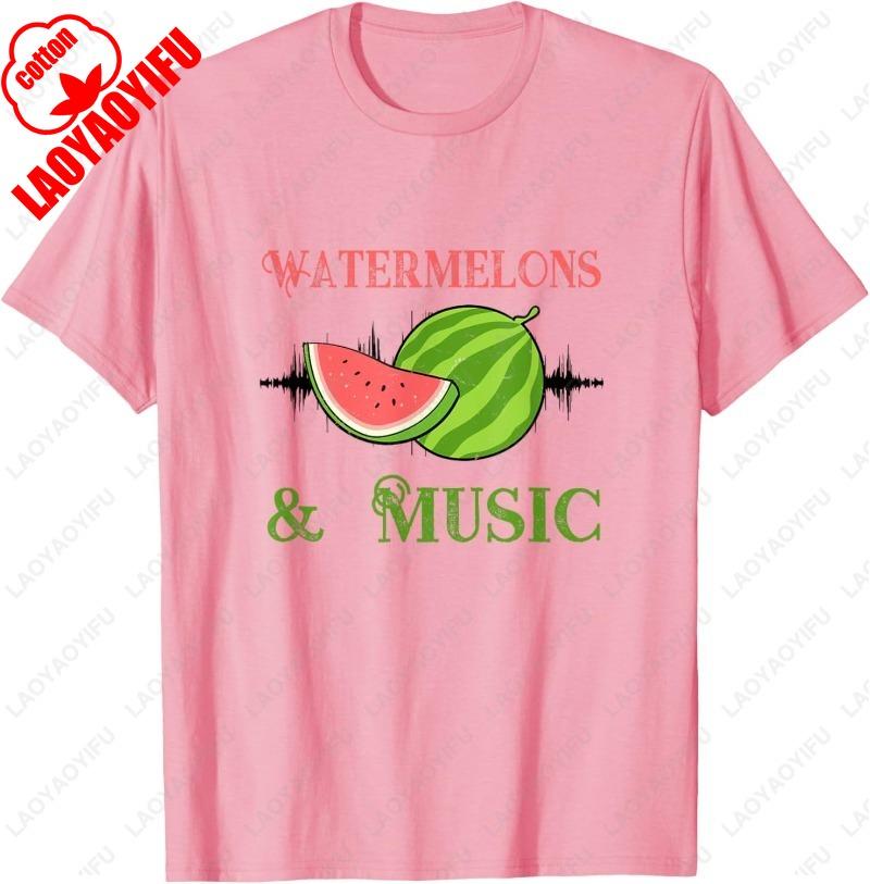 Melons and Music Watermelon Summer Fruits TShirt Classic Letter Print Tee Unisex Summer Cotton Casual New Arrival Breathable Tops