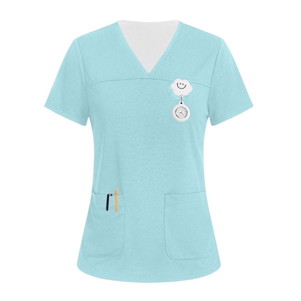 Women's V-neck Three-pocket Short-sleeved  Uniform/caregiver Top With Slits At The Hem