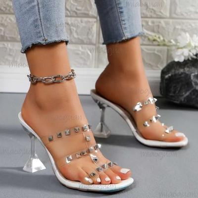 High Heel Slippers Transparent Rivets Female Slippers Hollowed Out Outside Summer Sexy Party Pumps Square Toe Flip Flops Sandals