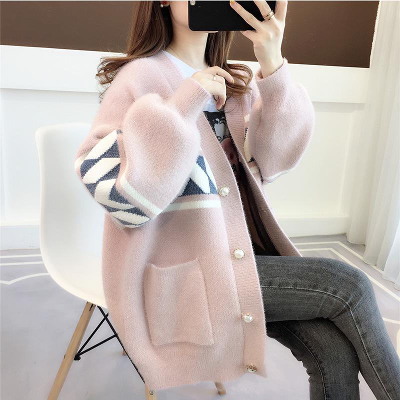 "2024 Hot-Selling Women's Mink Velvet Knitted Cardigan Sweater - Spring/Autumn Medium-Length"