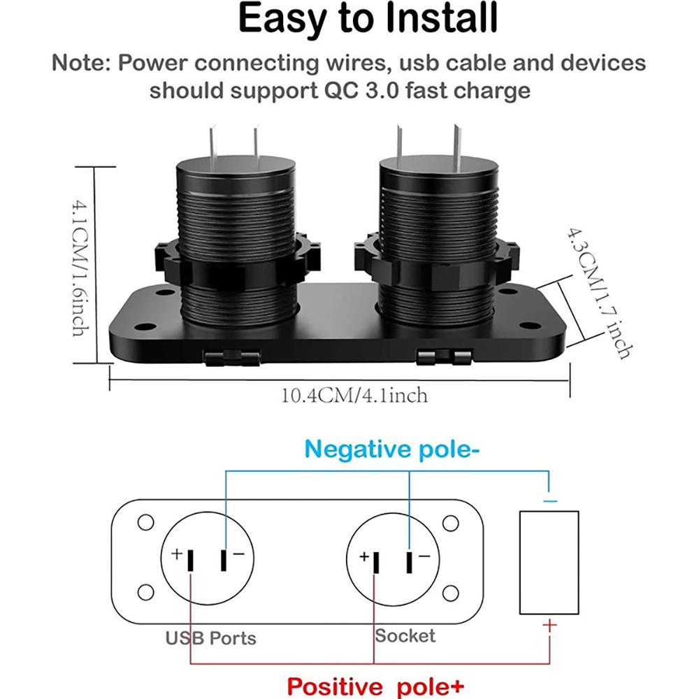 12V Cigarette Lighter Socket Quick Charge PD QC3.0 USB Charger Power Outlet with Button Switch for Car Boat Marine RV Golf Cart