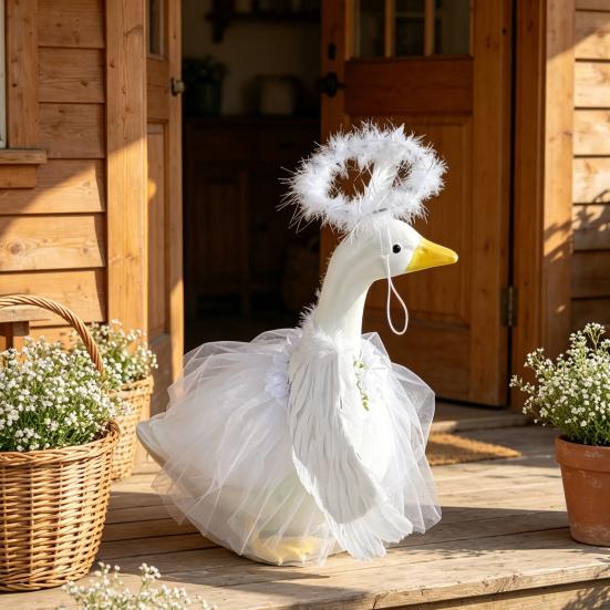Yousheng 1 Set Angel Goose Outfit, Porch Goose Angel Devil Costume, Feather Wings Skirt Headband Wand Set, Fits Porch Goose Statue for Home Yard Lawn