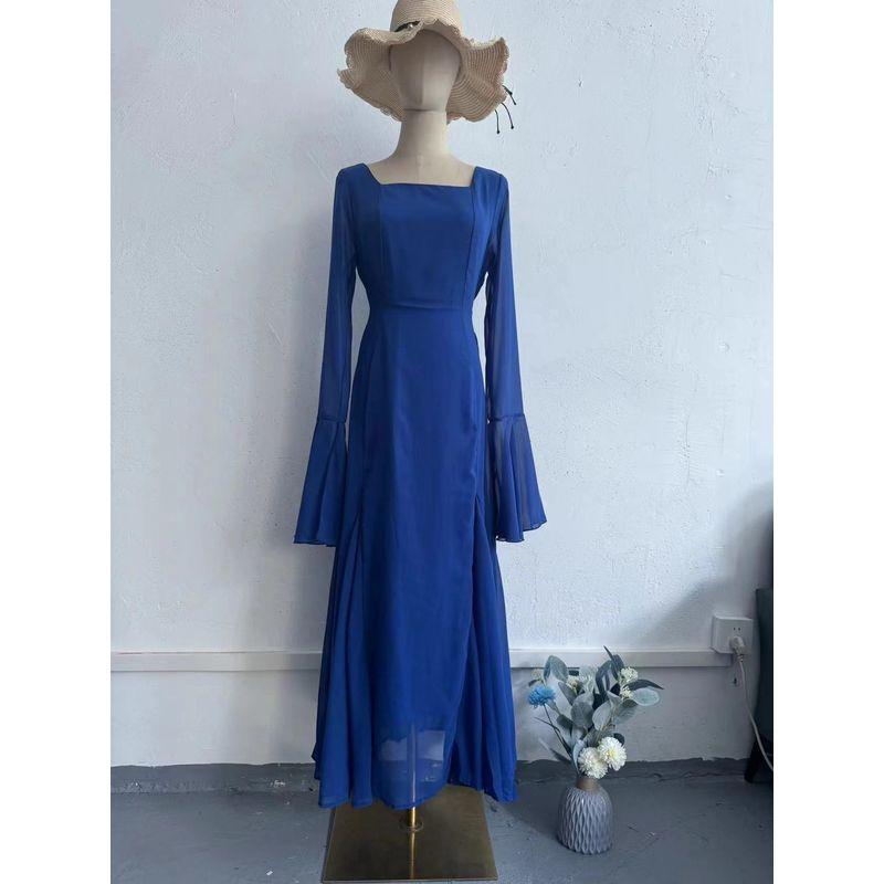 

Fashion New Chiffon Pure Color Lotus Leaf Sleeve Elegant Stitching Dress Lotus Leaf Sleep Dress Dark blue 2XL