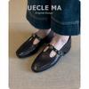Super soft lambskin~ Retro Mary Jane shoes women's leather square head t-shaped loafers black French flat shoes