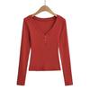 Spring and Autumn New Female European and American Style Spice Girls Solid Color Low Chest V-Neck Button Long Sleeve Bottom Shirt T-Shirt