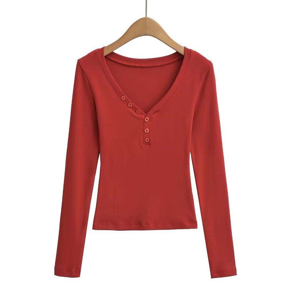Spring and Autumn New Female European and American Style Spice Girls Solid Color Low Chest V-Neck Button Long Sleeve Bottom Shirt T-Shirt