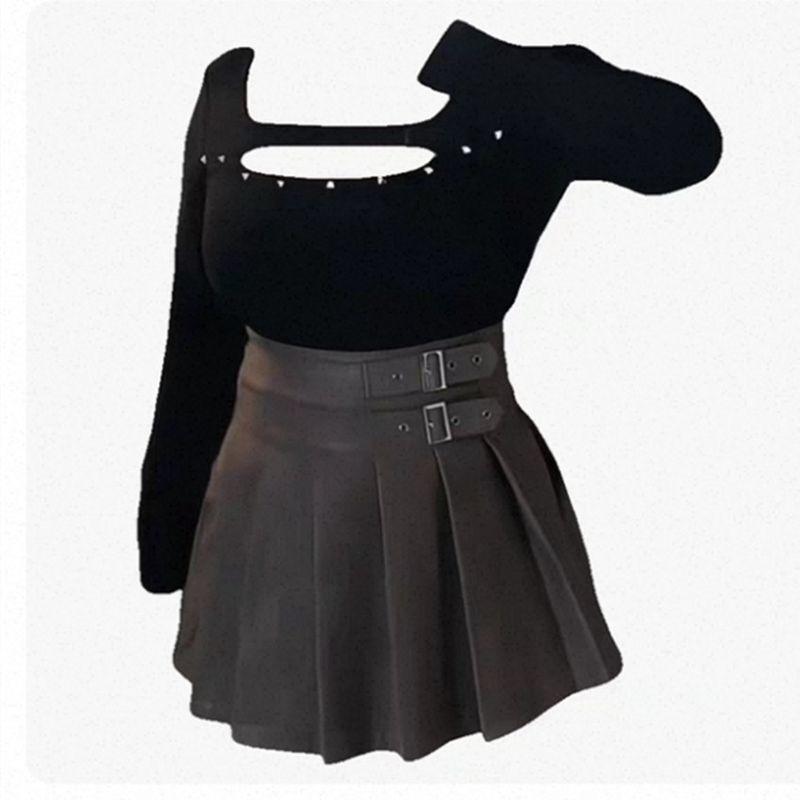 100kg Foreign Trade Plus Size Women s Clothing: Studded Hollow Out Top, Pleated Short Skirt, Jk Style, Pure Desire, Slimming, Retro Trend Black Top 4XL