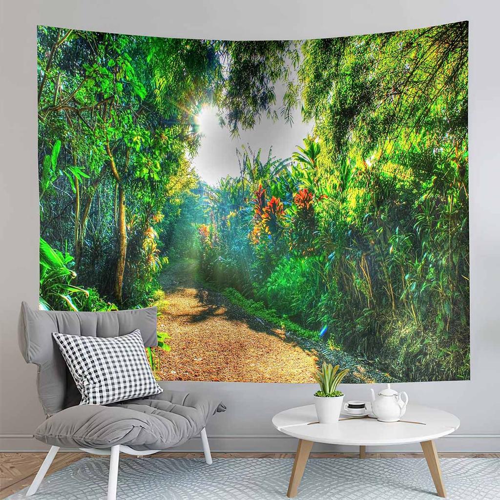 Jungle Tapestry Primeval Rainforest Foliage Greenery Wooden Pathway Tapestry Art Home Living Room Bedroom Decor Tapestries