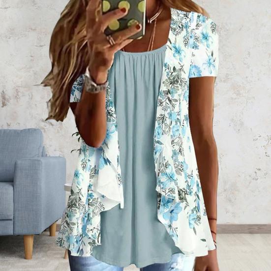 Women Shirt Casual Round Neck Short Sleeve Bohemian Style Printing Oversized