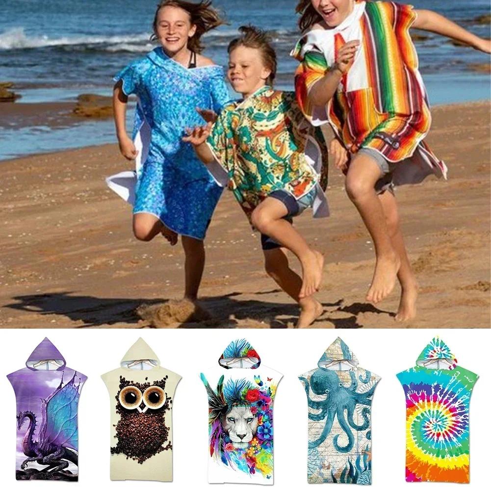 Bedrucktes Strandhandtuch mit Kapuze für Erwachsene Kinder Schnelltrocknender Schwimmbad-Poncho Handtuch mit Umhang Bademantel Handtücher