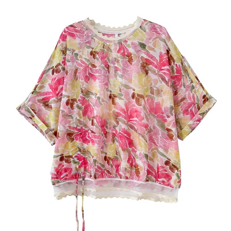 Short sleeve Oversized vintage floral Casual loose t shirt tops Women summer t-shirt