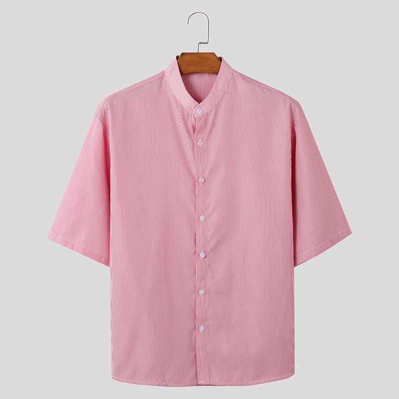 

INCERUN Summer Mens Stand Neck Short Sleeve Striped Print Casual Shirts S красный