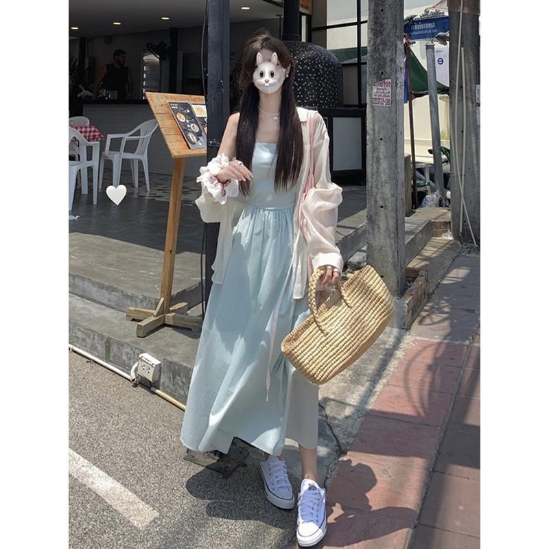 Halter Suspender Dress Female Summer Back Strap Design Waist Fairy Seaside Vacation Beach Long Skirt