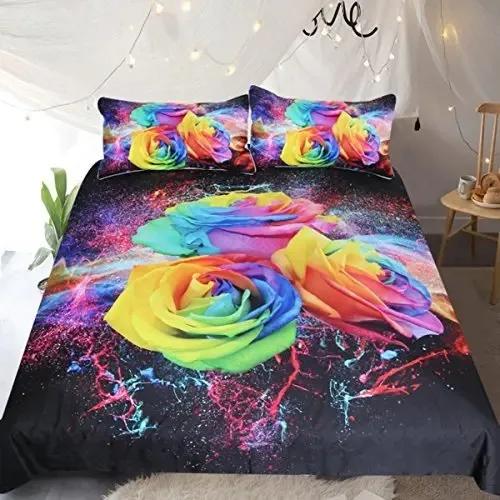 Girls Rainbow Rose Duvet Cover Set Colorful Rose Floral Bright Flowers Petal Comforter Cover Garden Fresh Bedding Sets Full Size