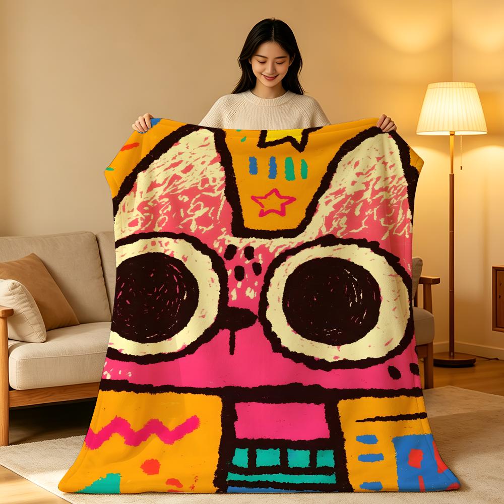 Art Graffiti Style Cat Throw High-Density Short Plush Blanket Soft Skin-Friendly for Sofa Nap Air-Conditioned Room