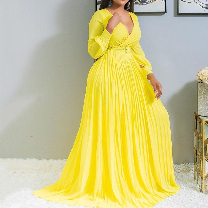 

2 Large Size Women s Clothing, Deep Cross Grab Pleated Front and Bottom Skirt Solid Color Pleated Pendulum Dress S жёлтый