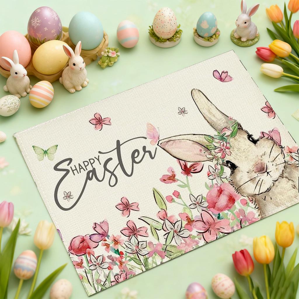 Rabbit Print Placemat Spring Flowers Easter Bunny Easter Egg Print Family Holiday Dinner Restaurant Decoration