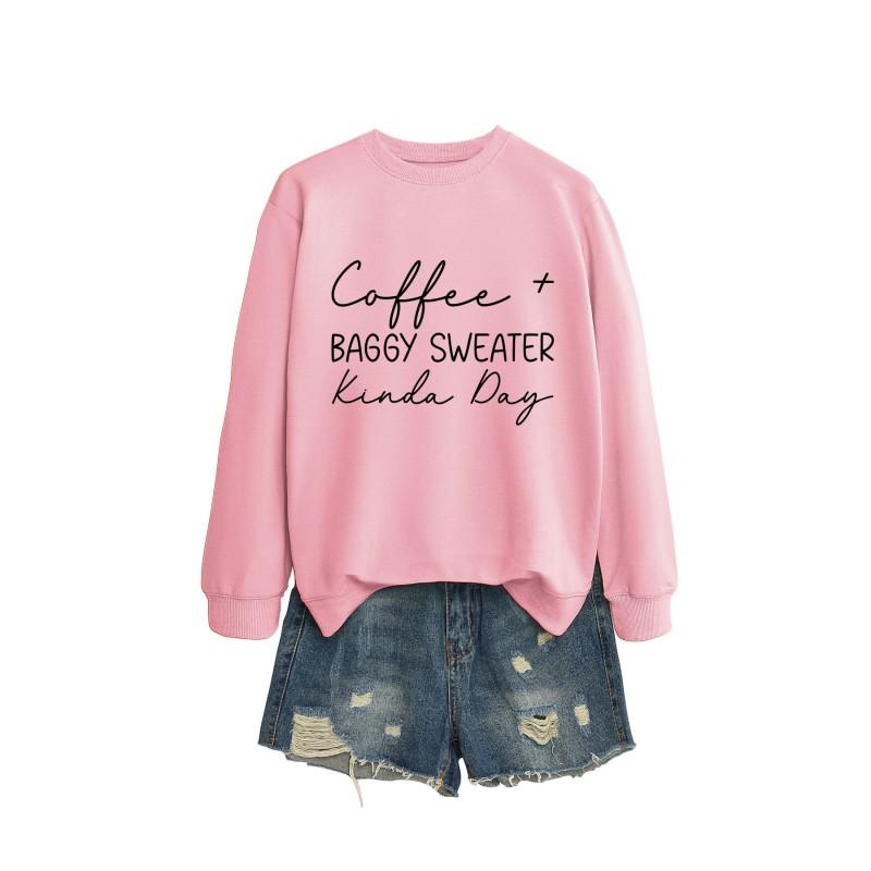 Womens Oversized Round Neck Long Sleeve Cotton Blend Casual Sweatshirt With Print - Loose Fit Comfort Top