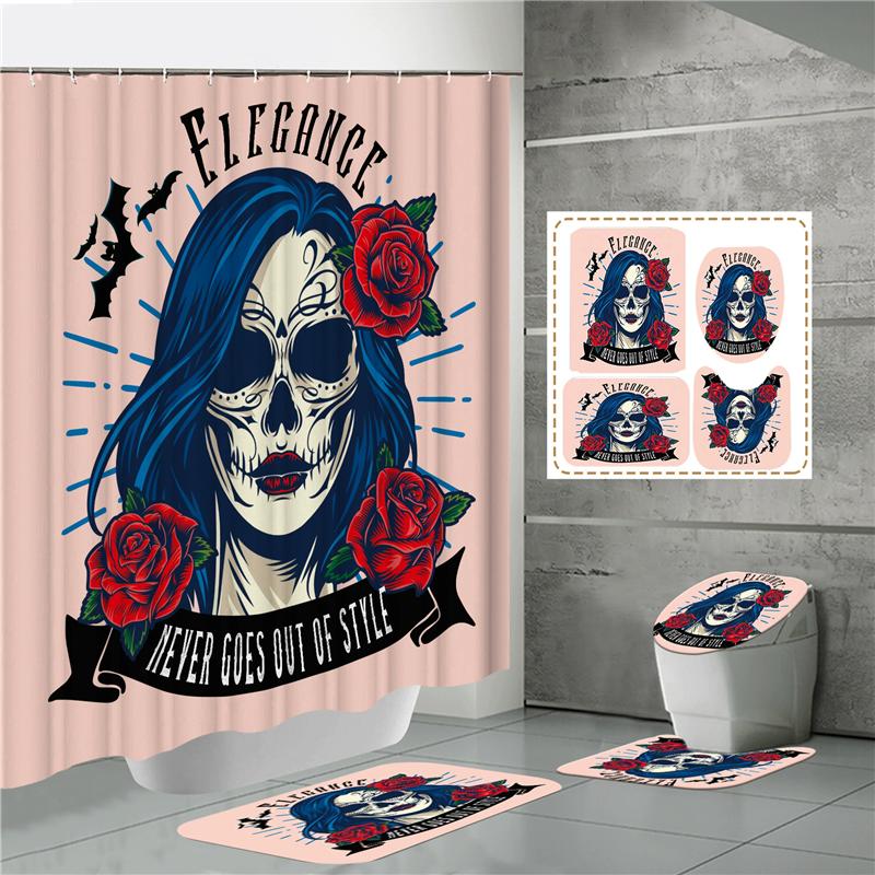 HOT Halloween Ghost Pumpkin Skull Shower Curtain Set with Non-Slip Rugs Toilet Lid Cover and Bath Mat Washable Trick or Treat